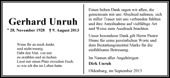 Traueranzeige von Gerhard Unruh von Nordwest-Zeitung