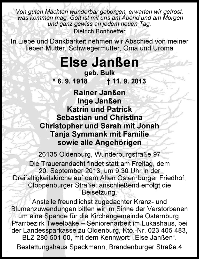  Traueranzeige für Else Janßen vom 14.09.2013 aus Nordwest-Zeitung
