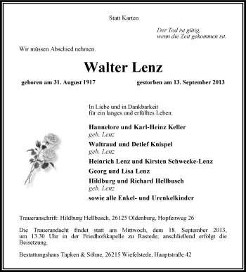 Traueranzeige von Walter Lenz von Nordwest-Zeitung