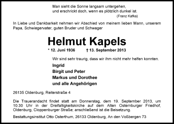 Traueranzeige von Helmut Kapels von Nordwest-Zeitung