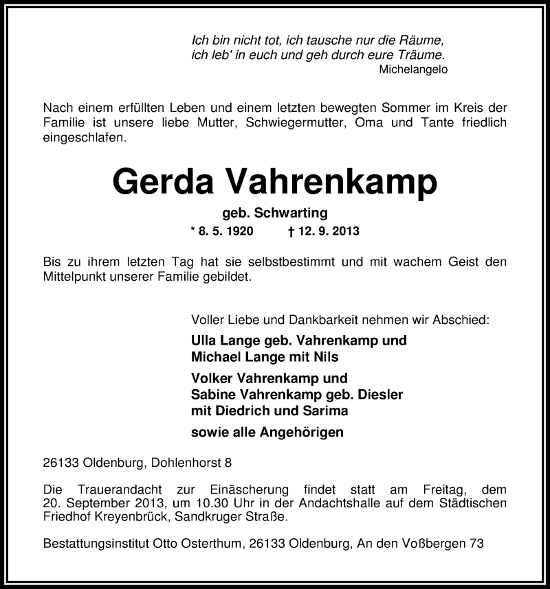  Traueranzeige für Gerda Vahrenkamp vom 17.09.2013 aus Nordwest-Zeitung