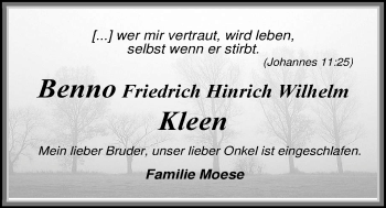 Traueranzeige von Benno Friedrich Hinrich Wilhelm Kleen von Nordwest-Zeitung