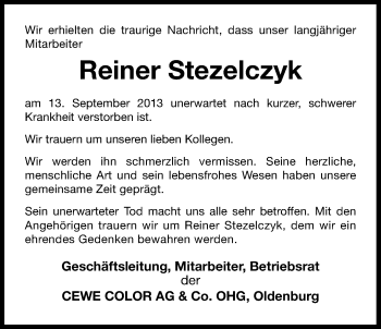 Traueranzeige von Rainer Stezelczyk von Nordwest-Zeitung