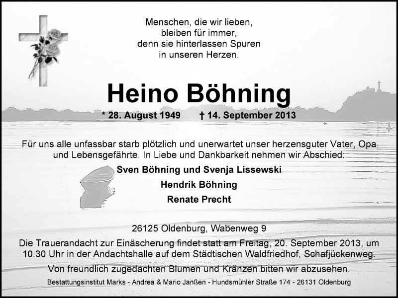  Traueranzeige für Heino Böhning vom 17.09.2013 aus Nordwest-Zeitung