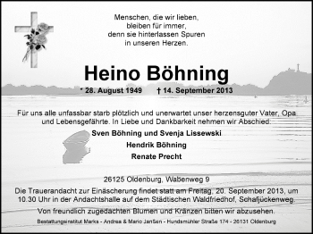 Traueranzeige von Heino Böhning von Nordwest-Zeitung