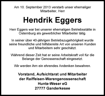Traueranzeige von Hendrik Eggers von Nordwest-Zeitung