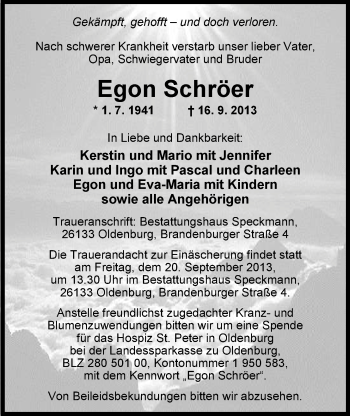Traueranzeige von Egon Schröer von Nordwest-Zeitung