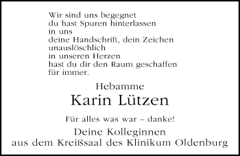 Traueranzeige von Karin Lützen von Nordwest-Zeitung