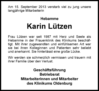 Traueranzeige von Karin Lützen von Nordwest-Zeitung