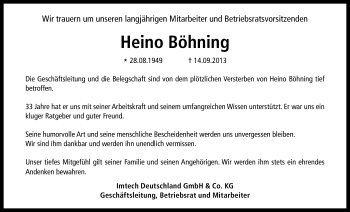 Traueranzeige von Heino Böhning von Nordwest-Zeitung