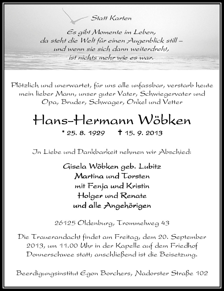 Traueranzeige für Hans-Hermann Wöbken vom 18.09.2013 aus Nordwest-Zeitung