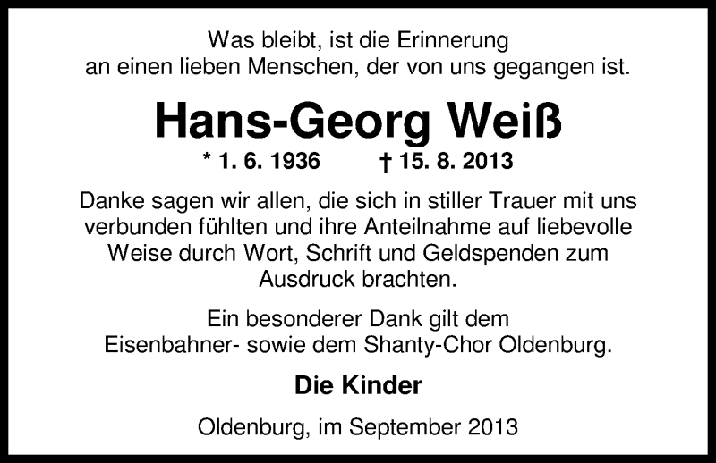  Traueranzeige für Hans-Georg Weiß vom 21.09.2013 aus Nordwest-Zeitung