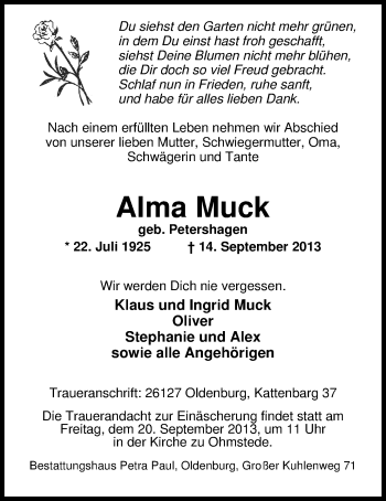 Traueranzeige von Alma Muck von Nordwest-Zeitung