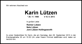 Traueranzeige von Karin Lützen von Nordwest-Zeitung