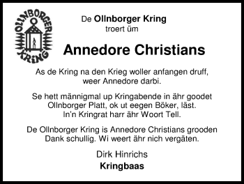 Traueranzeige von Annedore Christians von Nordwest-Zeitung