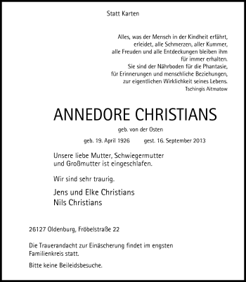Traueranzeige von Annedore Christians von Nordwest-Zeitung