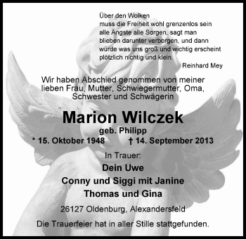 Traueranzeige von Marion Wilczek von Nordwest-Zeitung