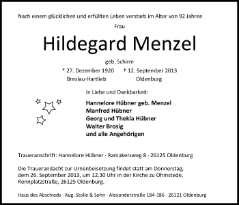 Traueranzeige von Hildegard Menzel von Nordwest-Zeitung
