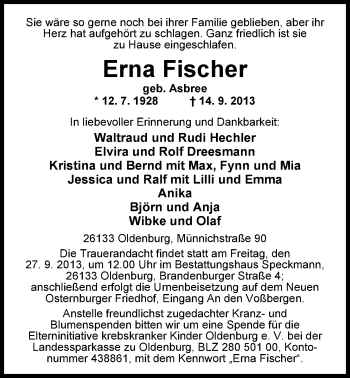 Traueranzeige von Erna Fischer von Nordwest-Zeitung