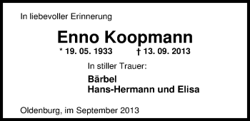 Traueranzeige von Enno Koopmann von Nordwest-Zeitung