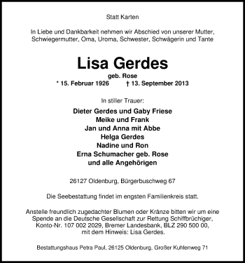 Traueranzeige von Lisa Gerdes von Nordwest-Zeitung