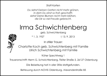 Traueranzeige von Irma Schwichtenberg von Nordwest-Zeitung