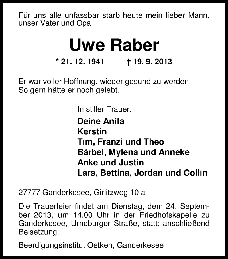  Traueranzeige für Uwe Raber vom 20.09.2013 aus Nordwest-Zeitung