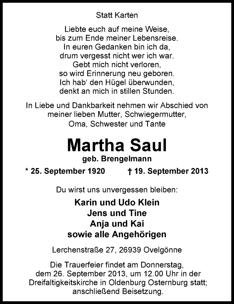  Traueranzeige für Martha Saul vom 21.09.2013 aus Nordwest-Zeitung