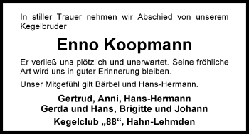 Traueranzeige von Enno Koopmann von Nordwest-Zeitung
