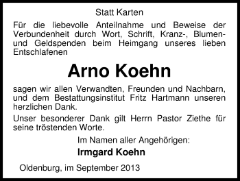 Traueranzeige von Arno Koehn von Nordwest-Zeitung