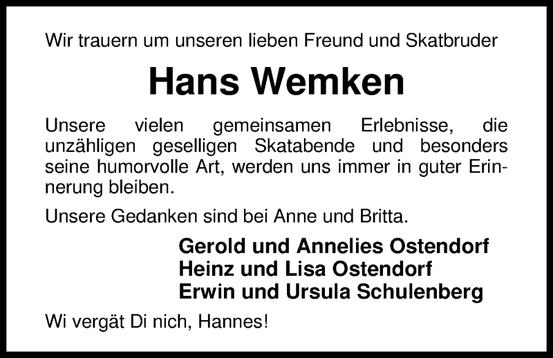  Traueranzeige für Hans Wemken vom 24.09.2013 aus Nordwest-Zeitung