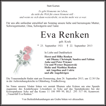 Traueranzeige von Eva Renken von Nordwest-Zeitung