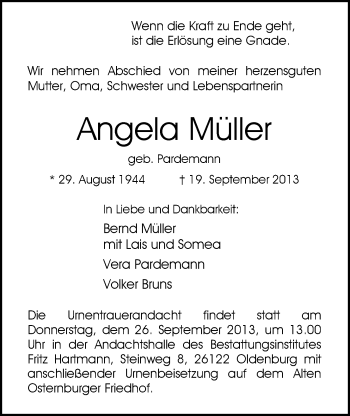 Traueranzeige von Angela Müller von Nordwest-Zeitung