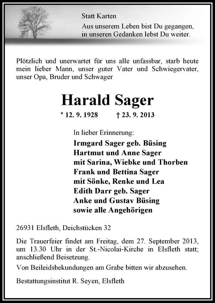  Traueranzeige für Harald Sager vom 24.09.2013 aus Nordwest-Zeitung