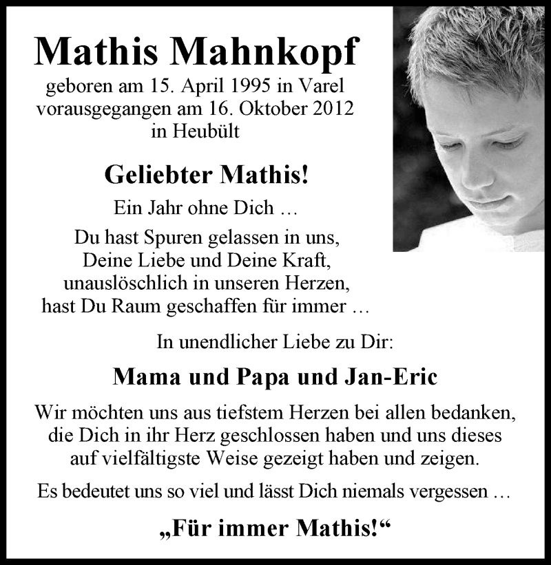  Traueranzeige für Mathis Mahnkopf vom 16.10.2013 aus Nordwest-Zeitung