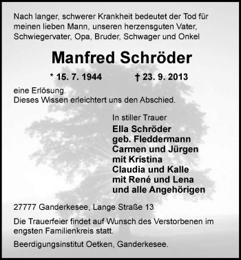 Traueranzeige von Manfred Schröder von Nordwest-Zeitung