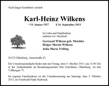 Traueranzeige von Karl-Heinz Wilkens von Nordwest-Zeitung