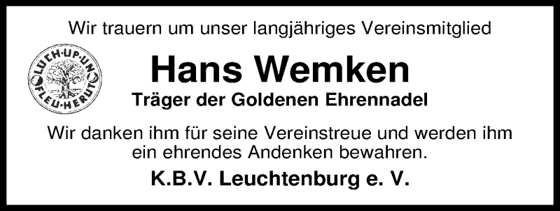  Traueranzeige für Hans Wemken vom 25.09.2013 aus Nordwest-Zeitung