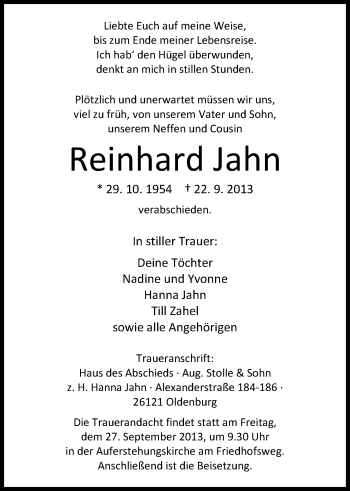 Traueranzeige von Reinhard Jahn von Nordwest-Zeitung