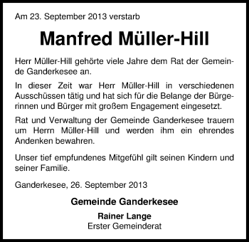 Traueranzeige von Manfred Müller-Hill von Nordwest-Zeitung