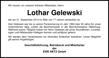 Traueranzeige von Lothar Gelewski von Nordwest-Zeitung