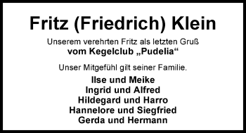 Traueranzeige von Friedrich Klein von Nordwest-Zeitung