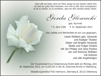 Traueranzeige von Gerda Glowacki von Nordwest-Zeitung
