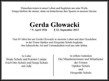 Traueranzeige von Gerda Glowacki von Nordwest-Zeitung