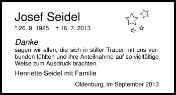 Traueranzeige von Josef Seidel von Nordwest-Zeitung