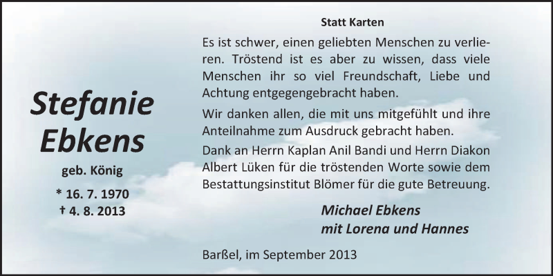  Traueranzeige für Stefanie Ebkens vom 28.09.2013 aus Nordwest-Zeitung