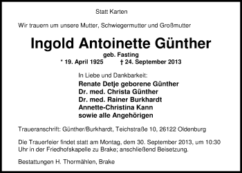 Traueranzeige von Ingold Antoinette Günther von Nordwest-Zeitung