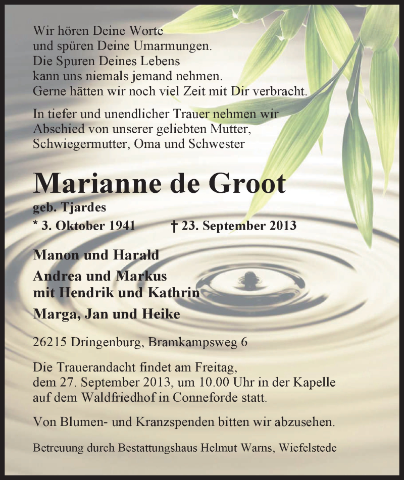  Traueranzeige für Marianne  de Groot vom 26.09.2013 aus Nordwest-Zeitung