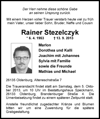 Traueranzeige von Rainer Stezelczyk von Nordwest-Zeitung