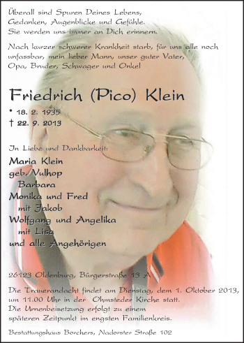 Traueranzeige von Friedrich Klein von Nordwest-Zeitung